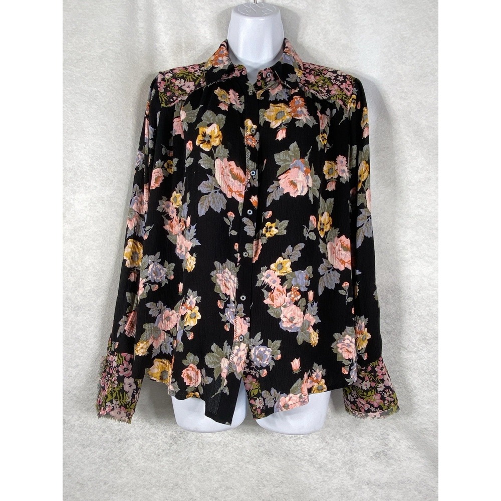 Free People Top Women's Medium Black Pink Button Up Long Sleeve Floral